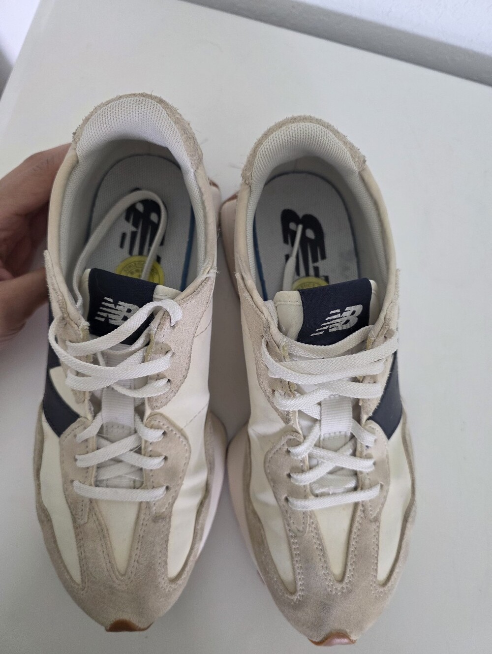 New Balance Beige Cream Sneakers with Navy Logo - Picture 3 of 6